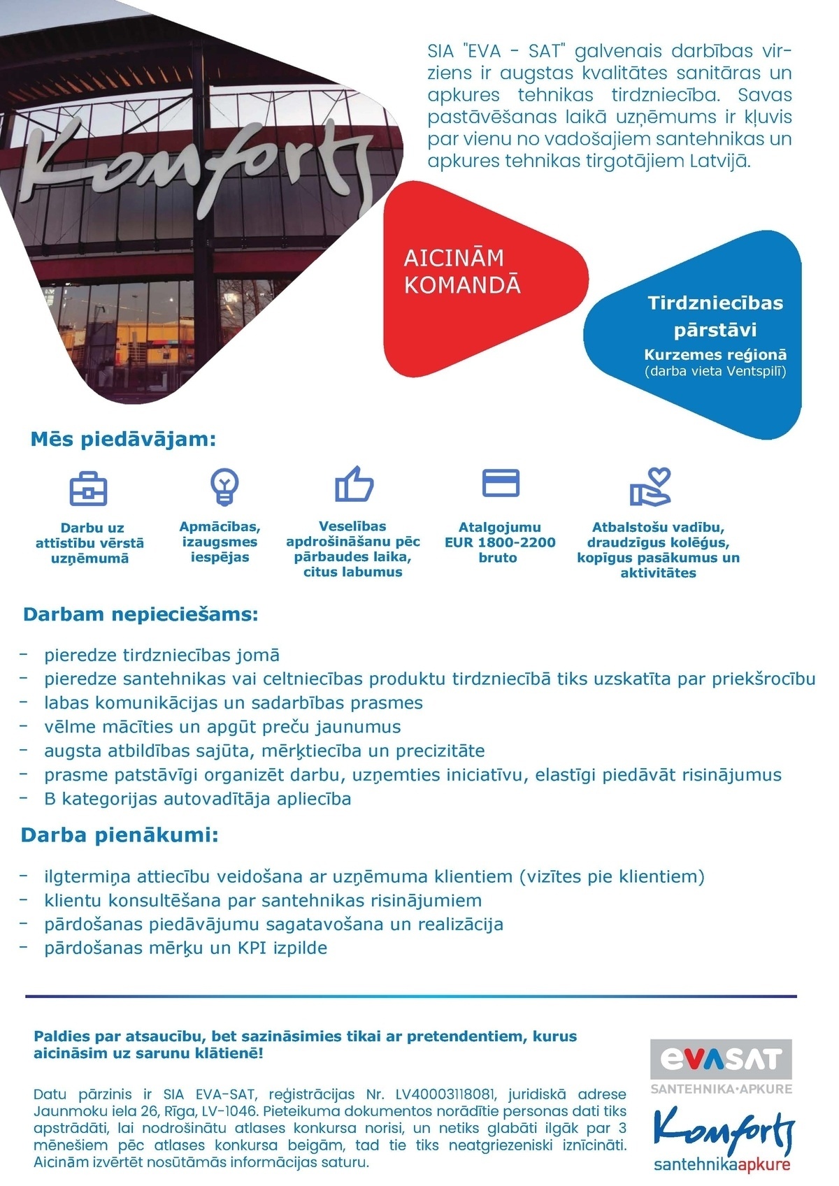 EVA-SAT, SIA Tirdzniecības pārstāvis/-e Kurzemes reģionā (Ventspils)